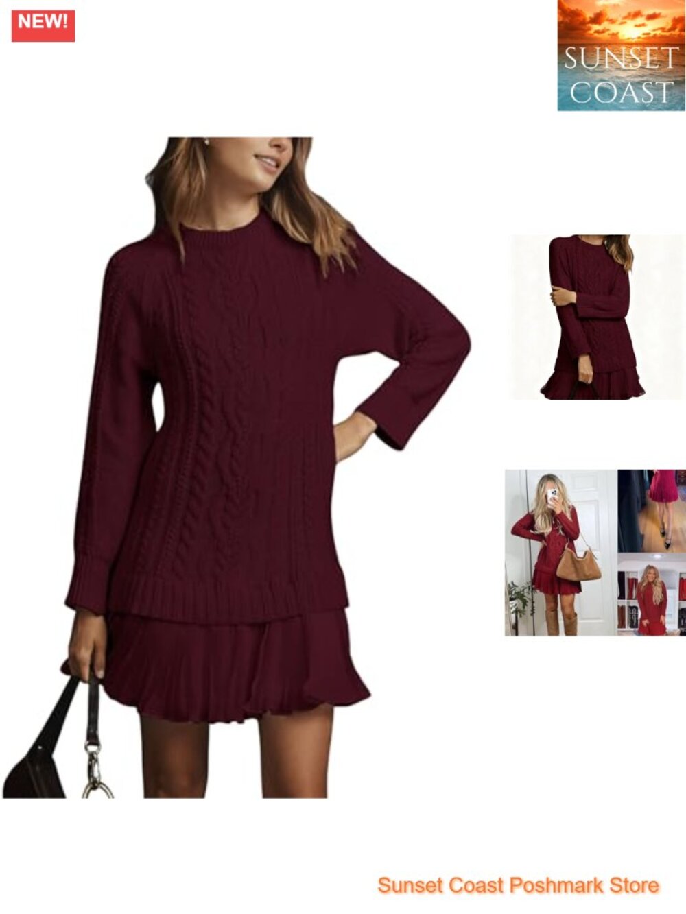 Cable Knit Sweater Mini Dress Crewneck Pleated Twofer Style